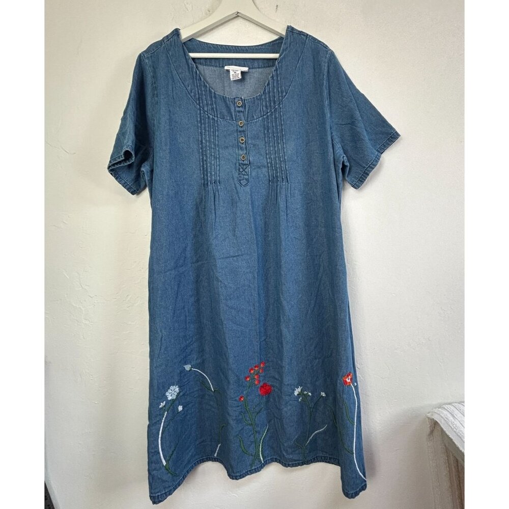 Country Store Womens Short Sleeve Denim Dress XL Blue Embroidered Floral Pintuck